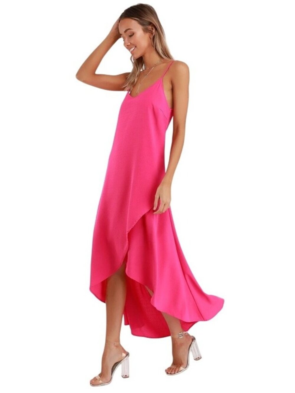 Lulus Sweet Surprise Bright Pink Asymmetrical Hem Maxi Dress Spaghetti Straps XS